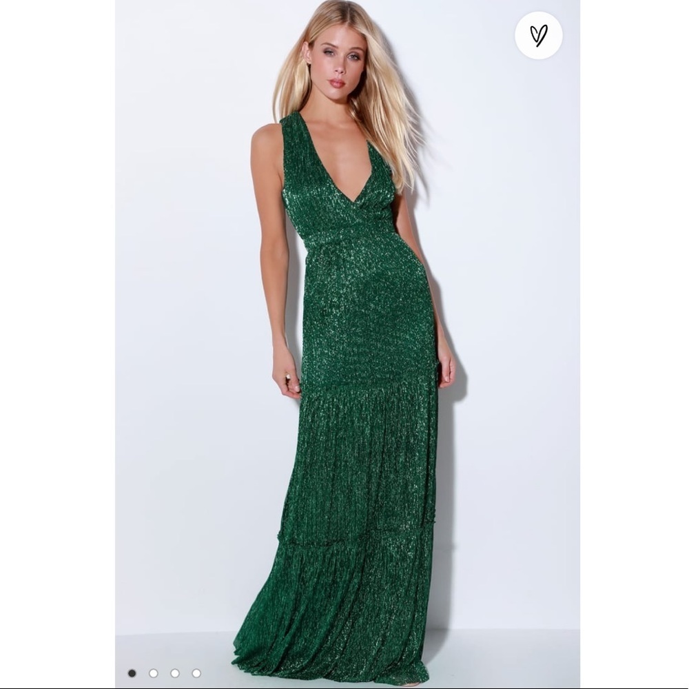 Lulus Falling Star Metallic Green Sleeveless Maxi Plunging Dress Large